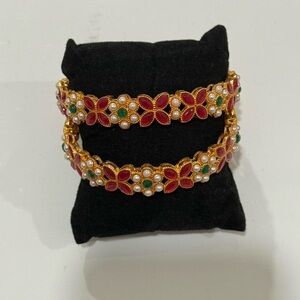 New | Defected Indian 2.8 Gold Red/Green Pearl Bangles Set